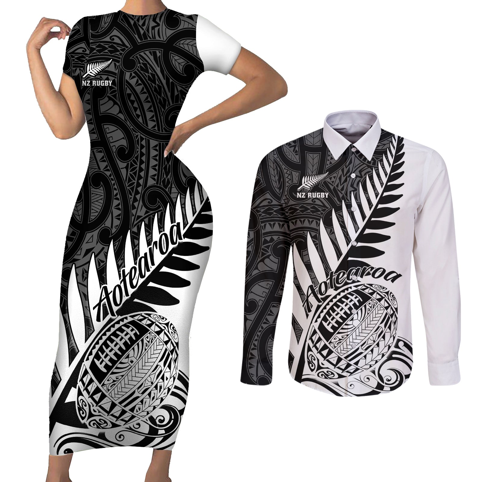 Custom New Zealand Silver Fern Rugby Couples Matching Short Sleeve Bodycon Dress and Long Sleeve Button Shirts Aotearoa Maori White Version LT01 White - Polynesian Pride