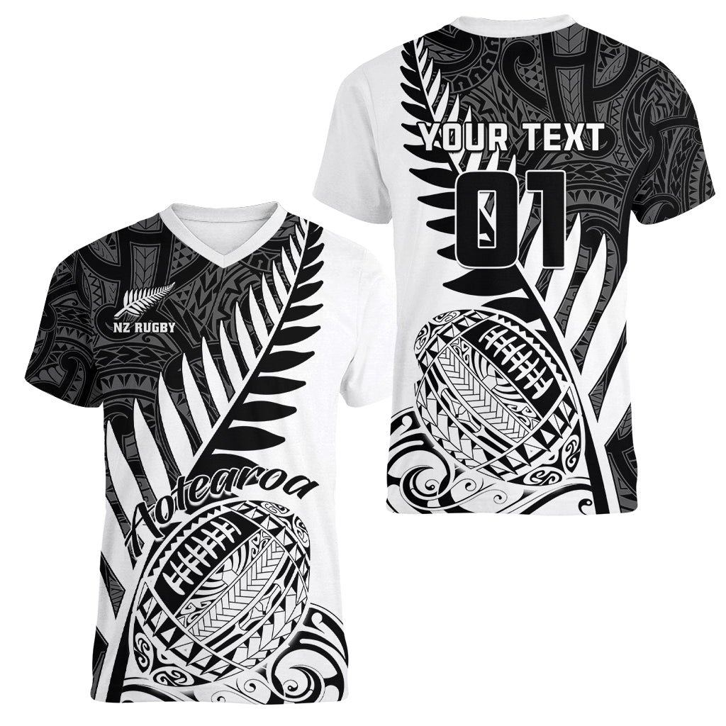 Custom New Zealand Silver Fern Rugby Women V Neck T Shirt Aotearoa Maori White Version LT01 - Polynesian Pride