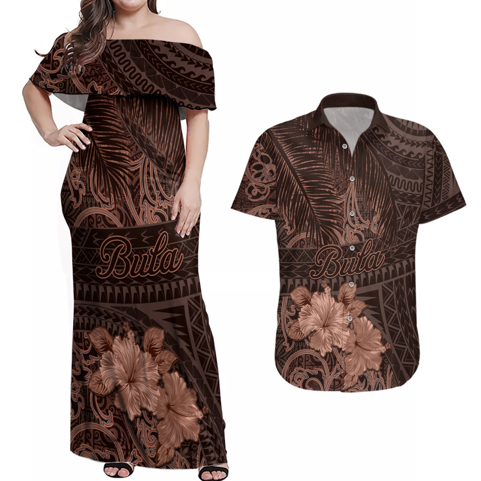 Bula Fiji Masi Couples Matching Off Shoulder Maxi Dress and Hawaiian Shirt Fijian Tapa Vintage Dark Brown Version LT01 Brown - Polynesian Pride