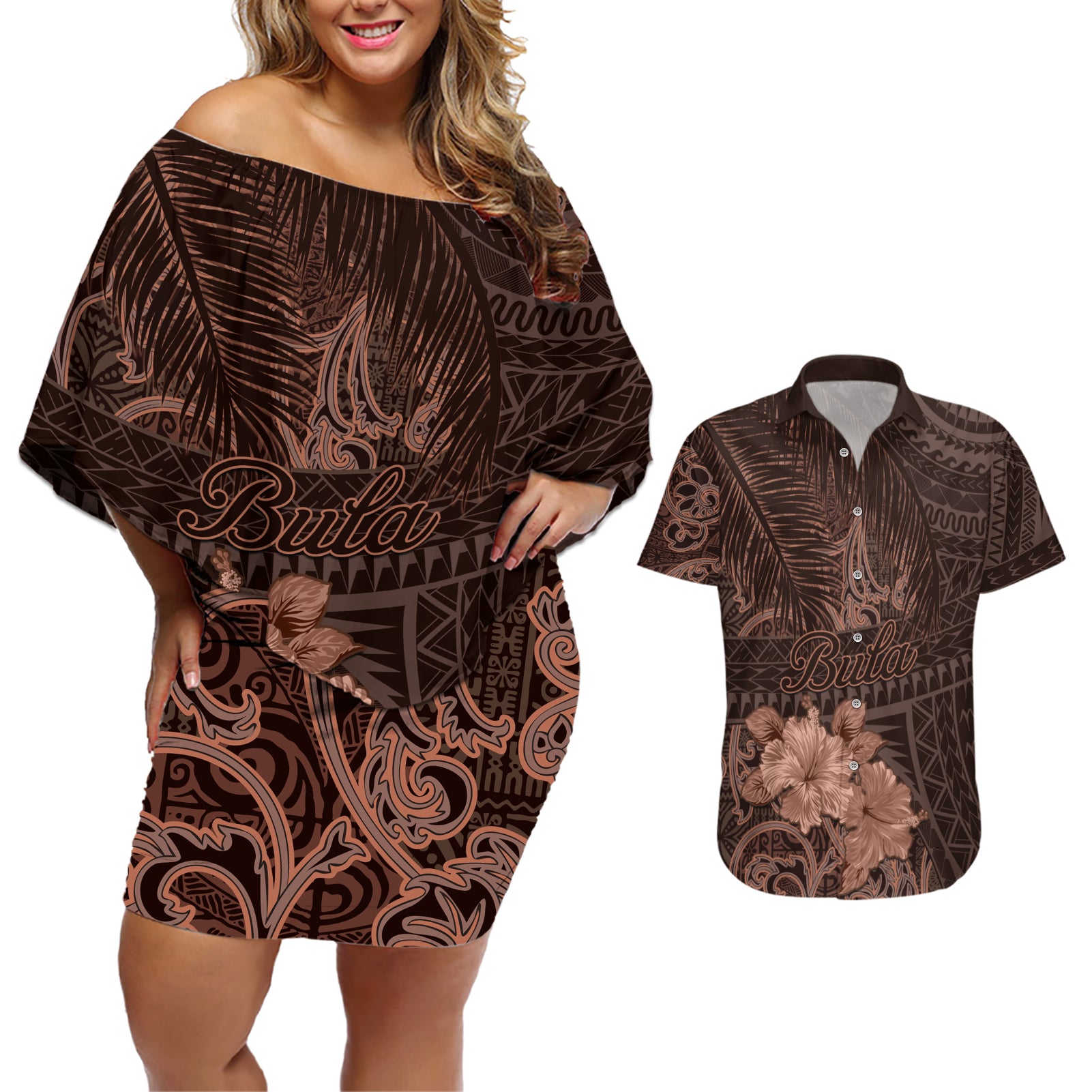 Bula Fiji Masi Couples Matching Off Shoulder Short Dress and Hawaiian Shirt Fijian Tapa Vintage Dark Brown Version LT01 Brown - Polynesian Pride