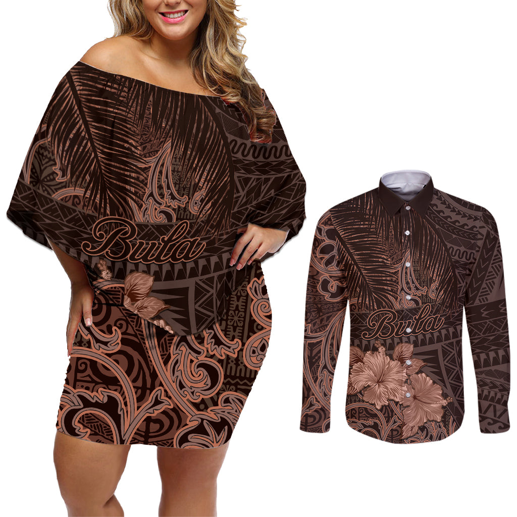 Bula Fiji Masi Couples Matching Off Shoulder Short Dress and Long Sleeve Button Shirt Fijian Tapa Vintage Dark Brown Version LT01 Brown - Polynesian Pride