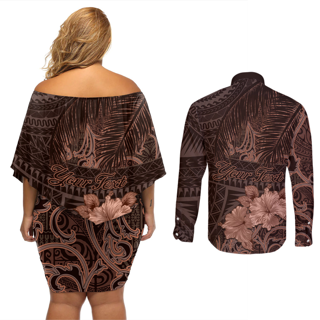 Bula Fiji Masi Couples Matching Off Shoulder Short Dress and Long Sleeve Button Shirt Fijian Tapa Vintage Dark Brown Version LT01 - Polynesian Pride