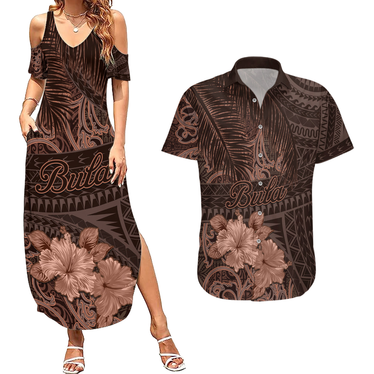 Bula Fiji Masi Couples Matching Summer Maxi Dress and Hawaiian Shirt Fijian Tapa Vintage Dark Brown Version LT01 Brown - Polynesian Pride