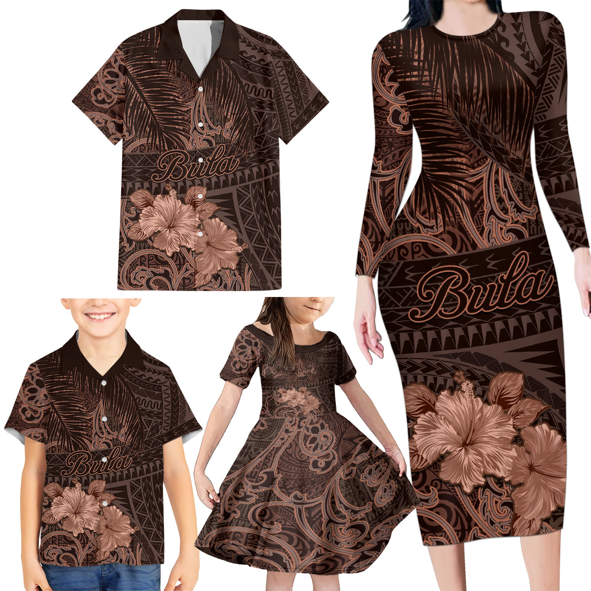 Bula Fiji Masi Family Matching Long Sleeve Bodycon Dress and Hawaiian Shirt Fijian Tapa Vintage Dark Brown Version LT01 - Polynesian Pride