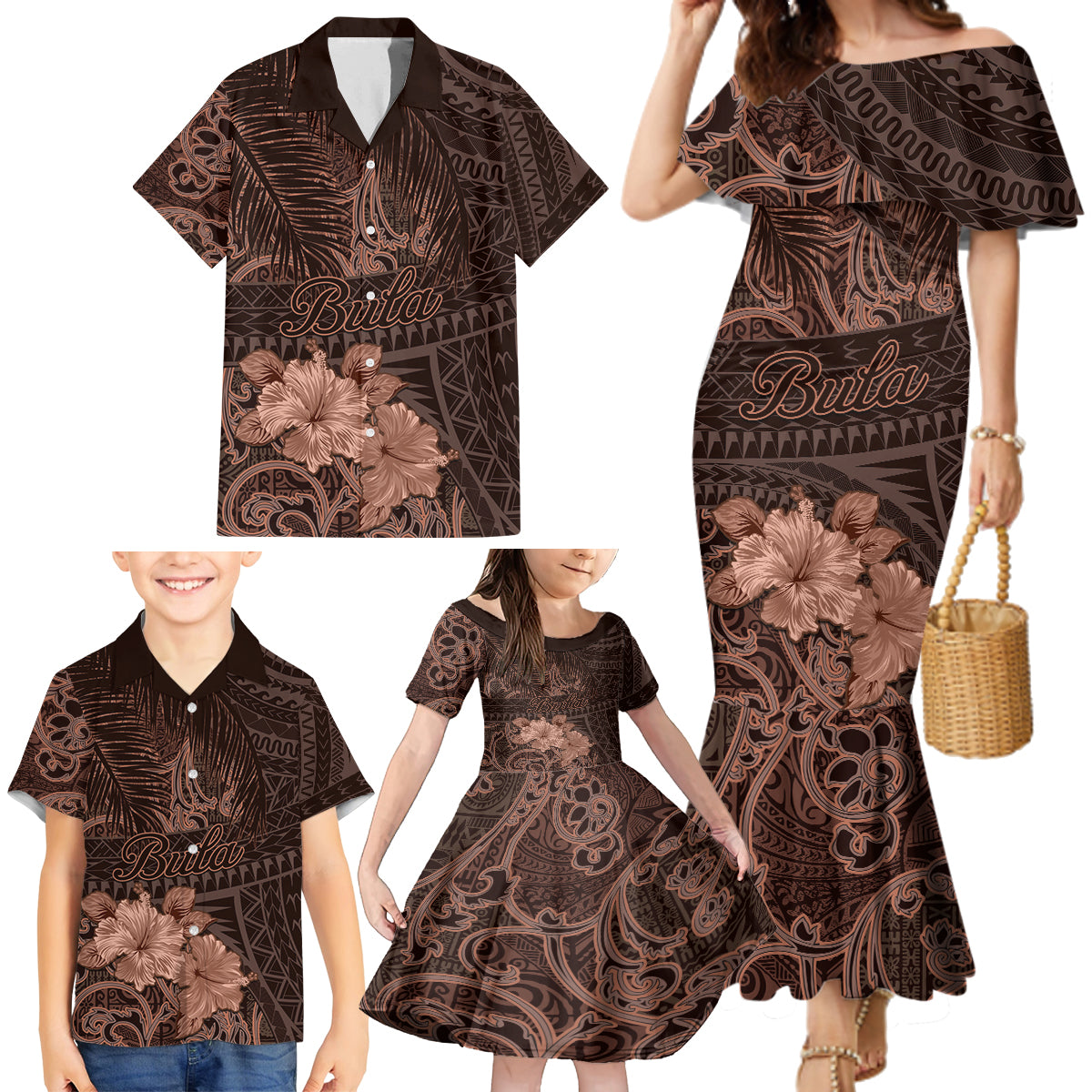 Bula Fiji Masi Family Matching Mermaid Dress and Hawaiian Shirt Fijian Tapa Vintage Dark Brown Version LT01 - Polynesian Pride