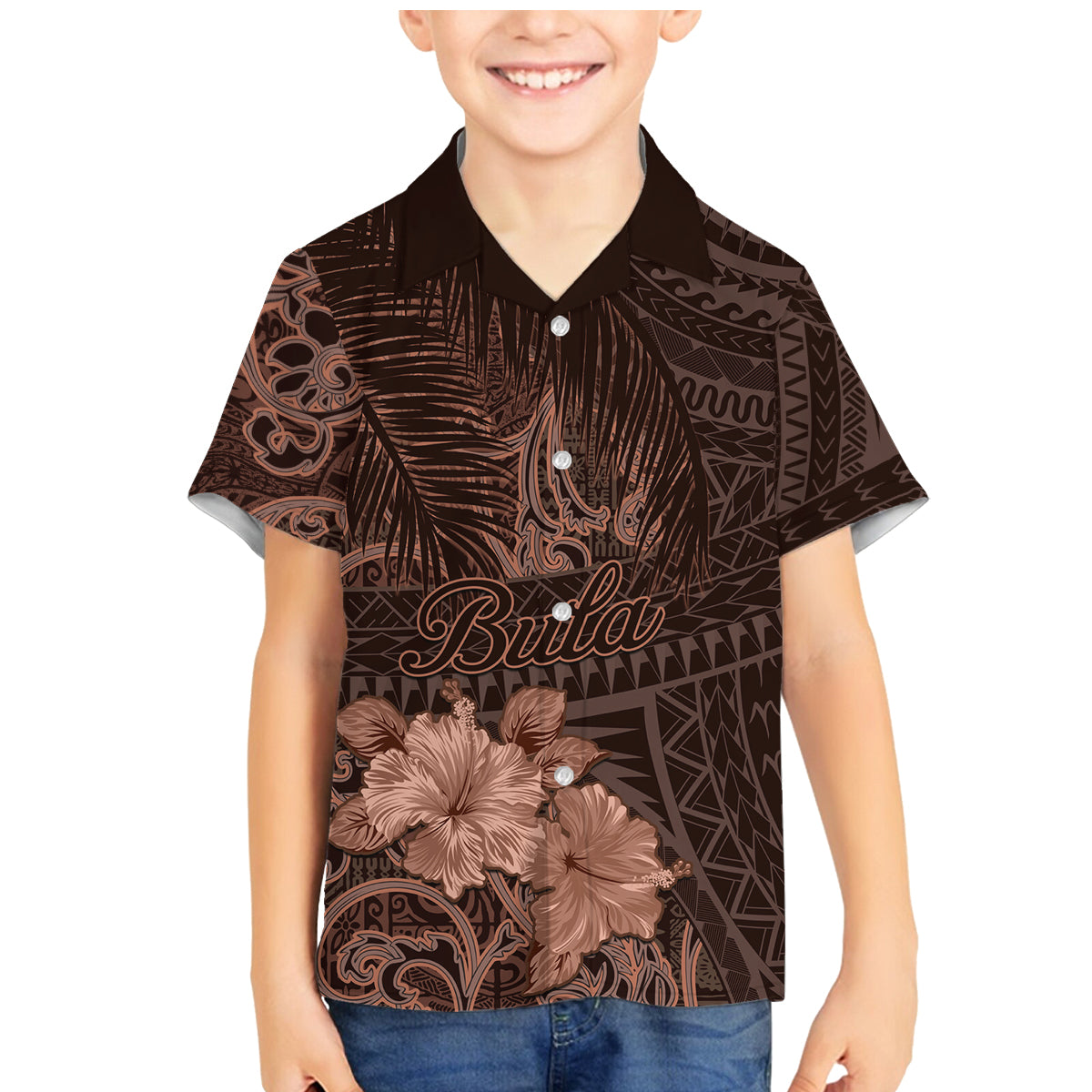 Bula Fiji Masi Family Matching Mermaid Dress and Hawaiian Shirt Fijian Tapa Vintage Dark Brown Version LT01 Son's Shirt Brown - Polynesian Pride