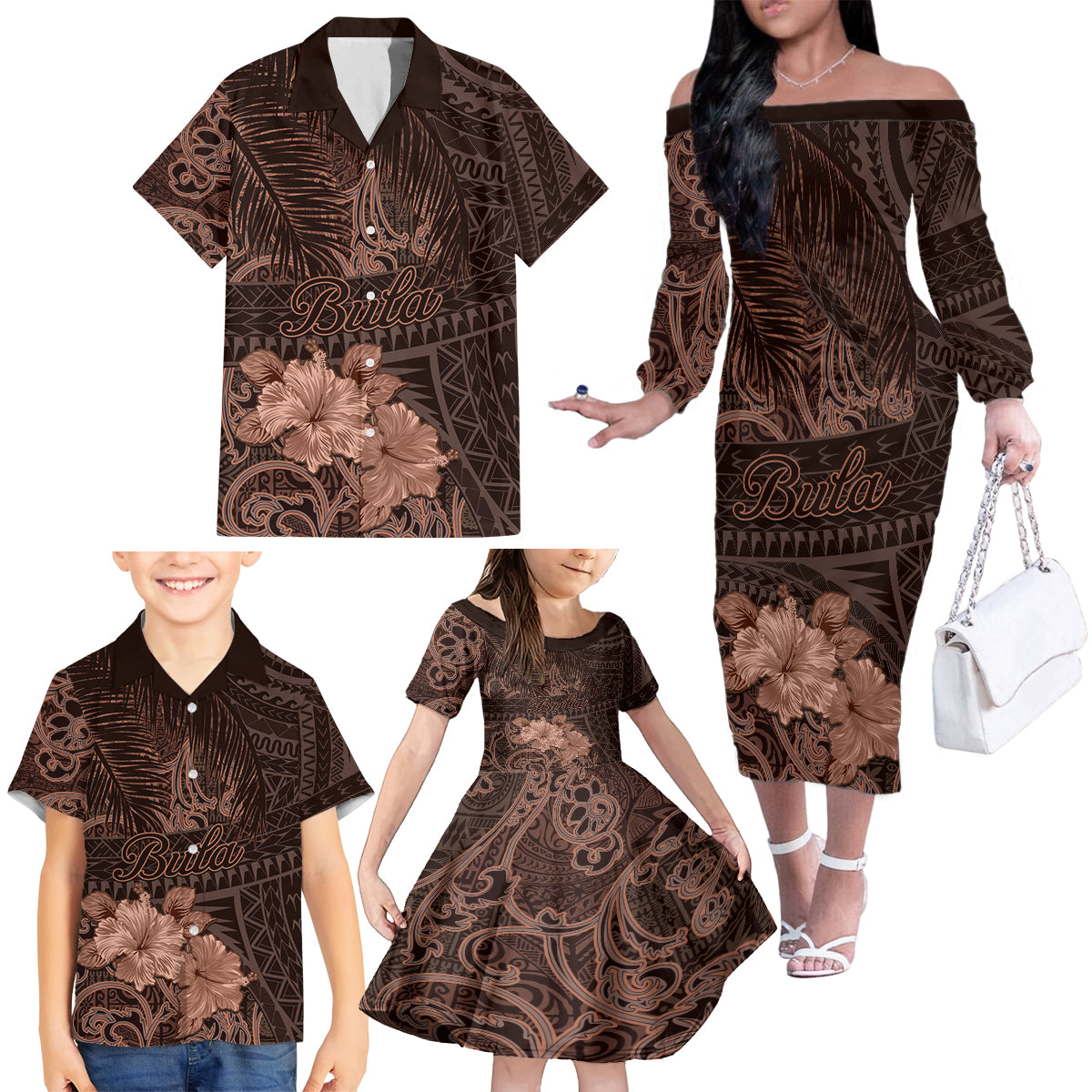 Bula Fiji Masi Family Matching Off Shoulder Long Sleeve Dress and Hawaiian Shirt Fijian Tapa Vintage Dark Brown Version LT01 - Polynesian Pride