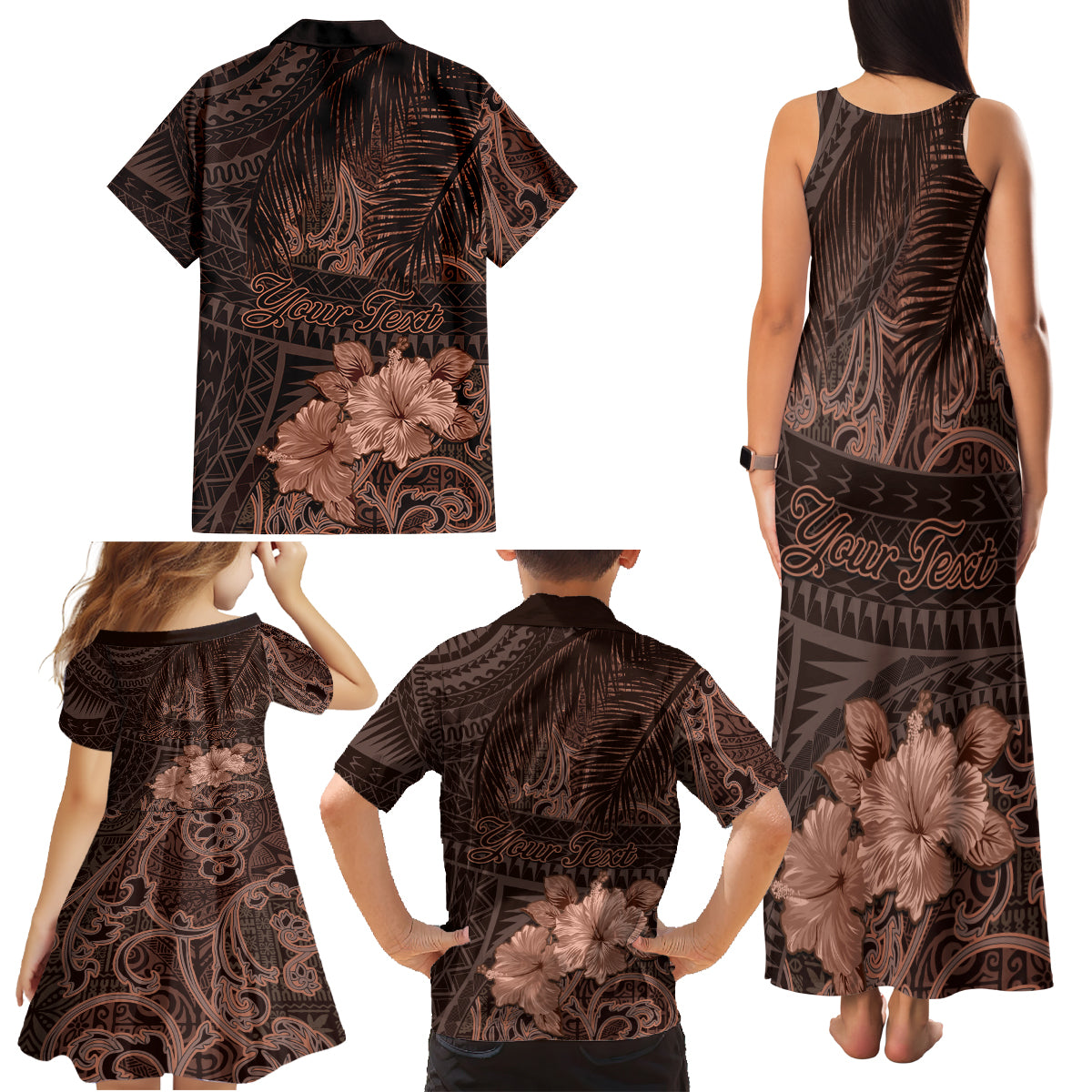Bula Fiji Masi Family Matching Tank Maxi Dress and Hawaiian Shirt Fijian Tapa Vintage Dark Brown Version LT01 - Polynesian Pride