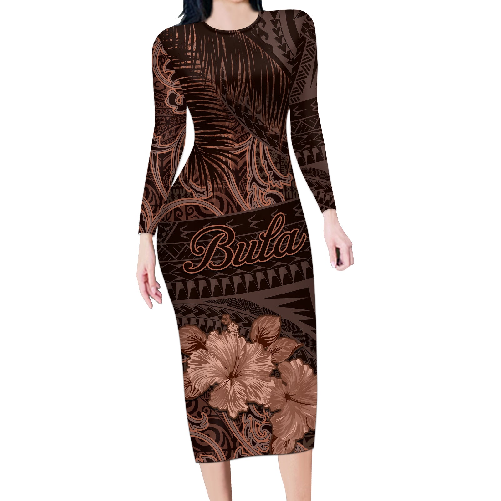 Bula Fiji Masi Long Sleeve Bodycon Dress Fijian Tapa Vintage Dark Brown Version LT01 Long Dress Brown - Polynesian Pride