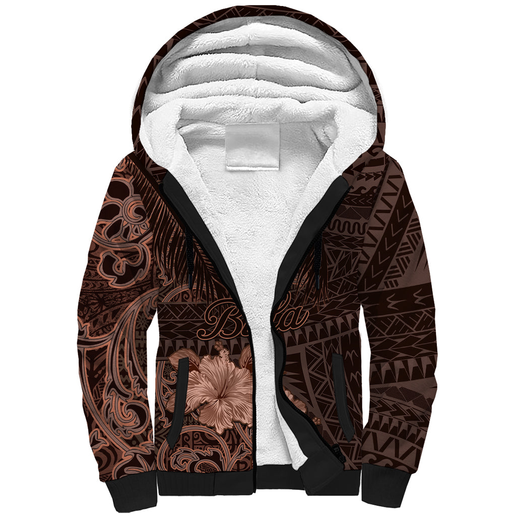 Bula Fiji Masi Sherpa Hoodie Fijian Tapa Vintage Dark Brown Version LT01 Unisex Brown - Polynesian Pride