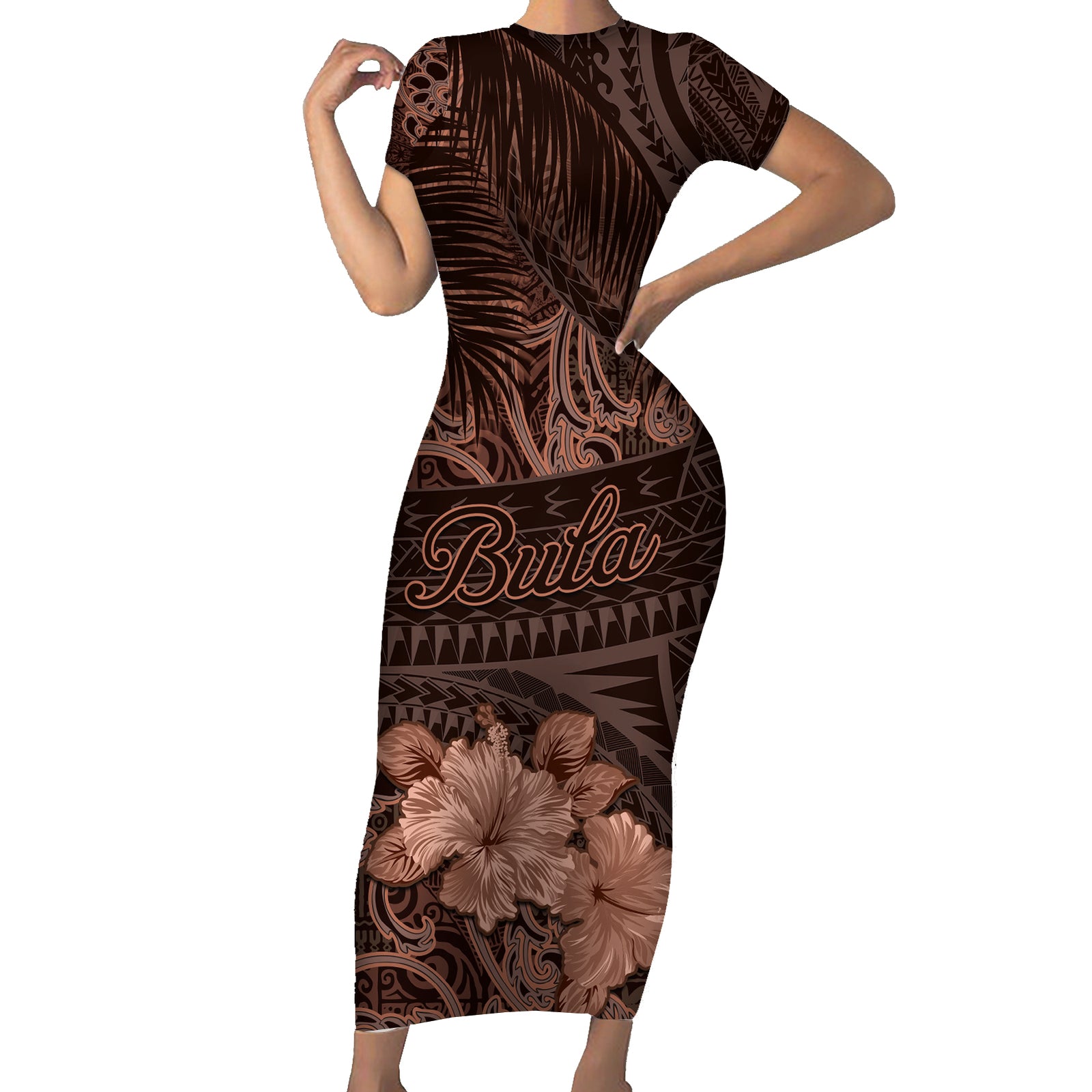 Bula Fiji Masi Short Sleeve Bodycon Dress Fijian Tapa Vintage Dark Brown Version LT01 Long Dress Brown - Polynesian Pride