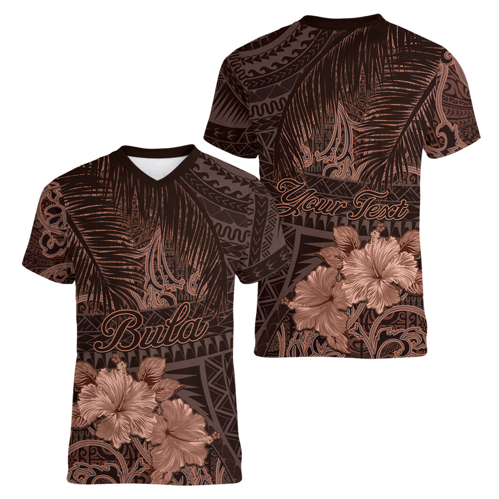 Bula Fiji Masi Women V Neck T Shirt Fijian Tapa Vintage Dark Brown Version LT01 - Polynesian Pride