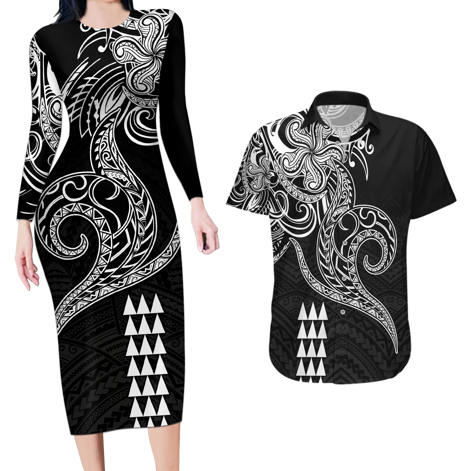 Hawaii Valentine Couples Matching Long Sleeve Bodycon Dress and Hawaiian Shirt Kakau Polynesian Heart LT01 Black - Polynesian Pride