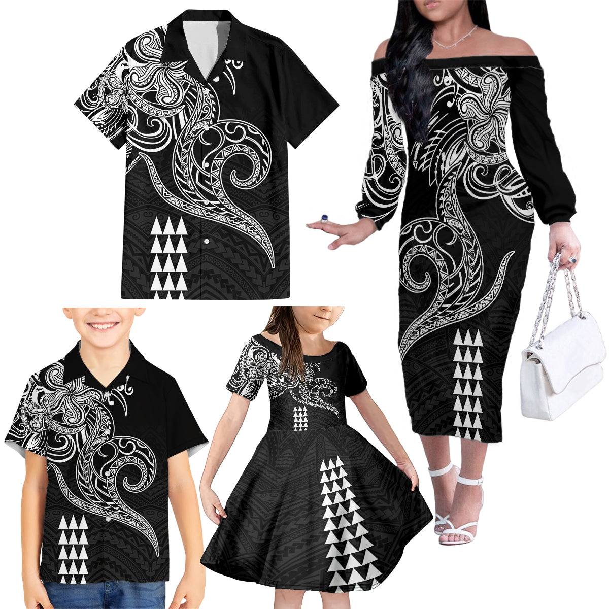 Hawaii Valentine Family Matching Off Shoulder Long Sleeve Dress and Hawaiian Shirt Kakau Polynesian Heart LT01 - Polynesian Pride