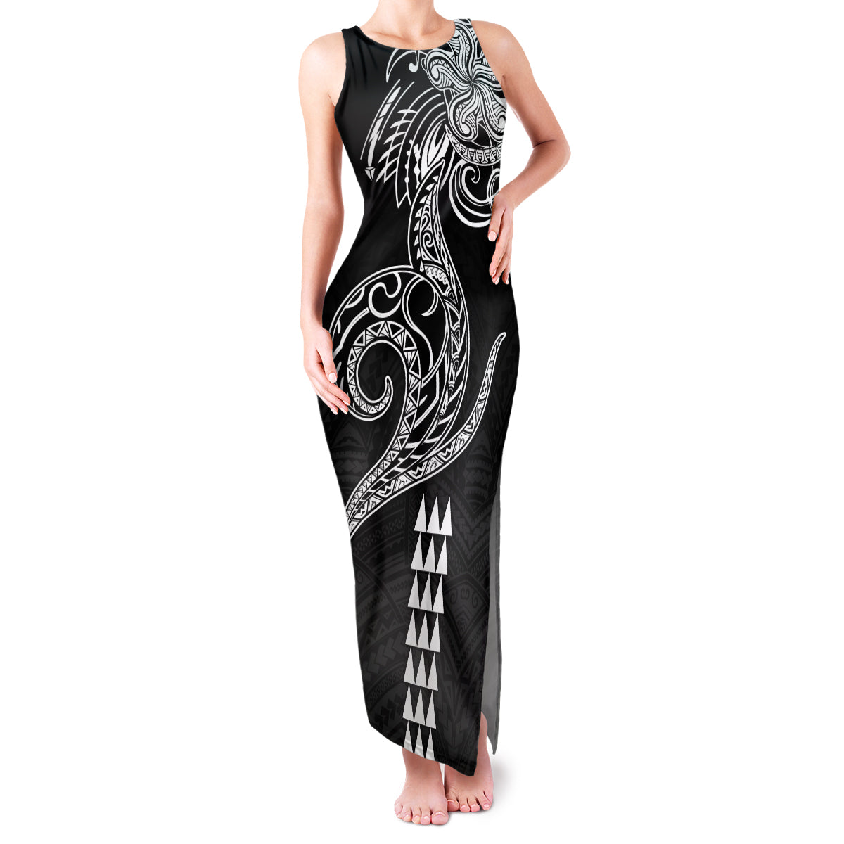 Hawaii Valentine Family Matching Tank Maxi Dress and Hawaiian Shirt Kakau Polynesian Heart LT01 Mom's Dress Black - Polynesian Pride