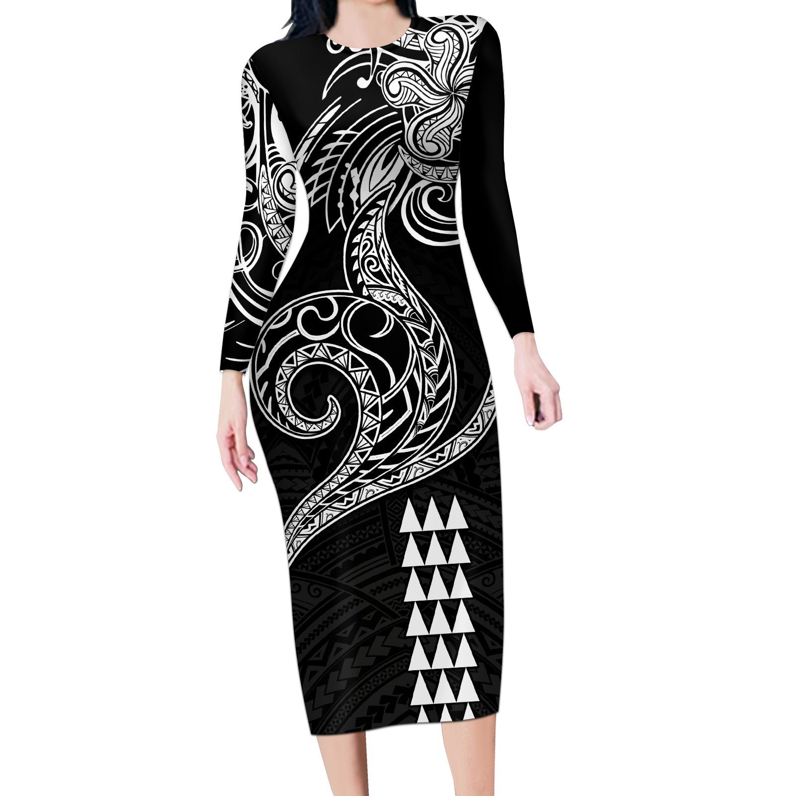 Hawaii Valentine Long Sleeve Bodycon Dress Kakau Polynesian Heart LT01 Long Dress Black - Polynesian Pride