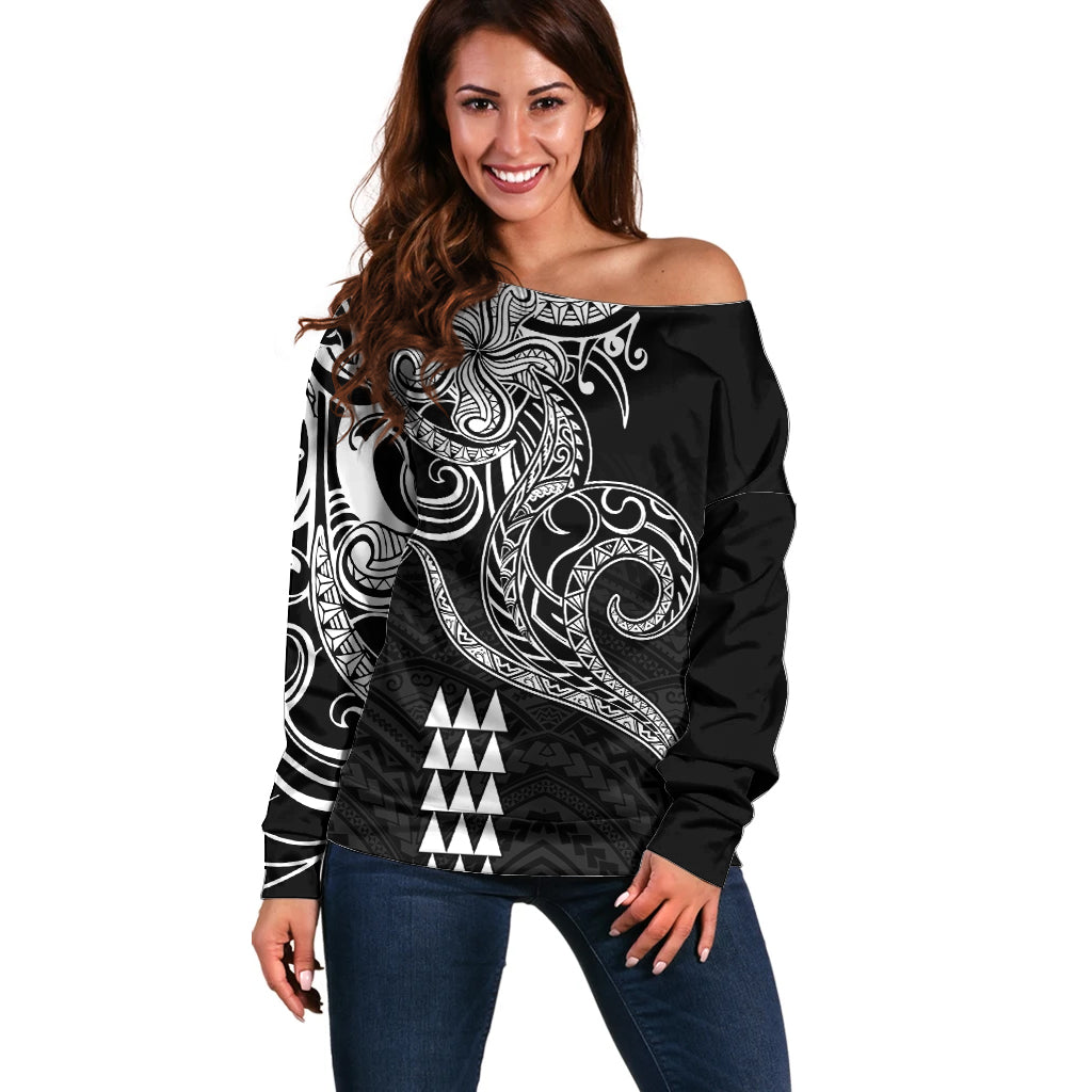 Hawaii Valentine Off Shoulder Sweater Kakau Polynesian Heart LT01 Women Black - Polynesian Pride