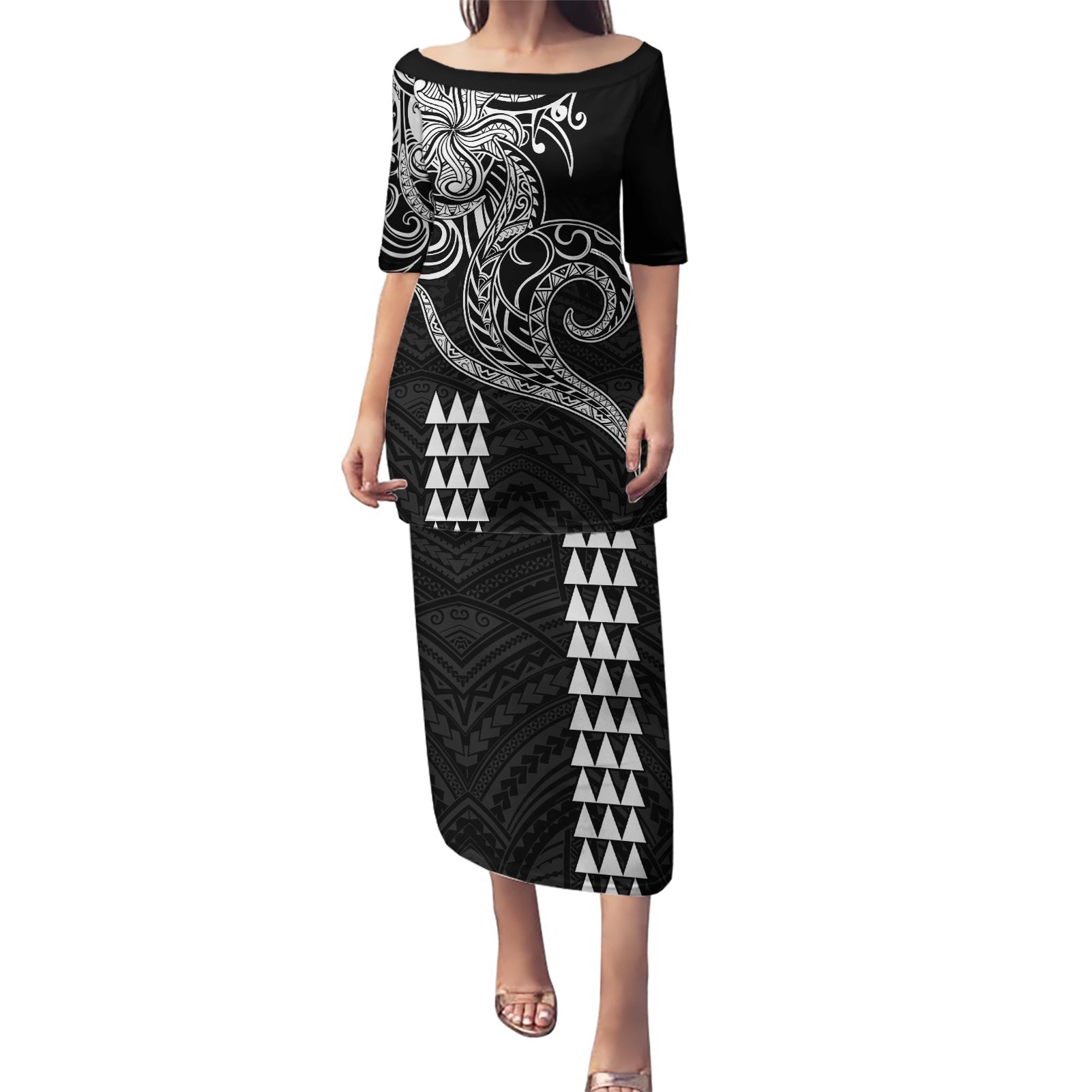 Hawaii Valentine Puletasi Kakau Polynesian Heart LT01 Long Dress Black - Polynesian Pride