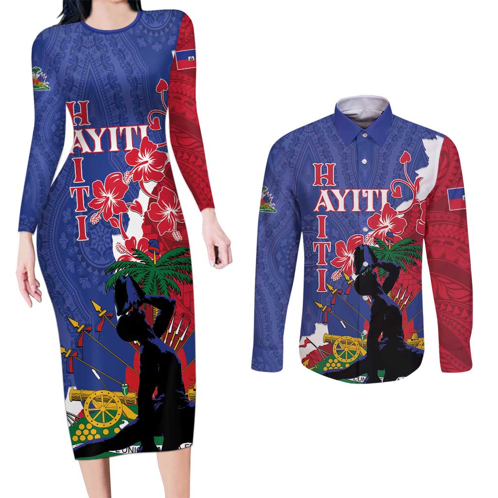 Personalised Haiti Le Marron Inconnu Couples Matching Long Sleeve Bodycon Dress and Long Sleeve Button Shirt Dashiki Mix Polynesian Pattern LT01 Blue - Polynesian Pride