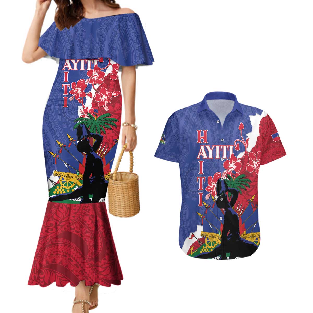 Personalised Haiti Le Marron Inconnu Couples Matching Mermaid Dress and Hawaiian Shirt Dashiki Mix Polynesian Pattern