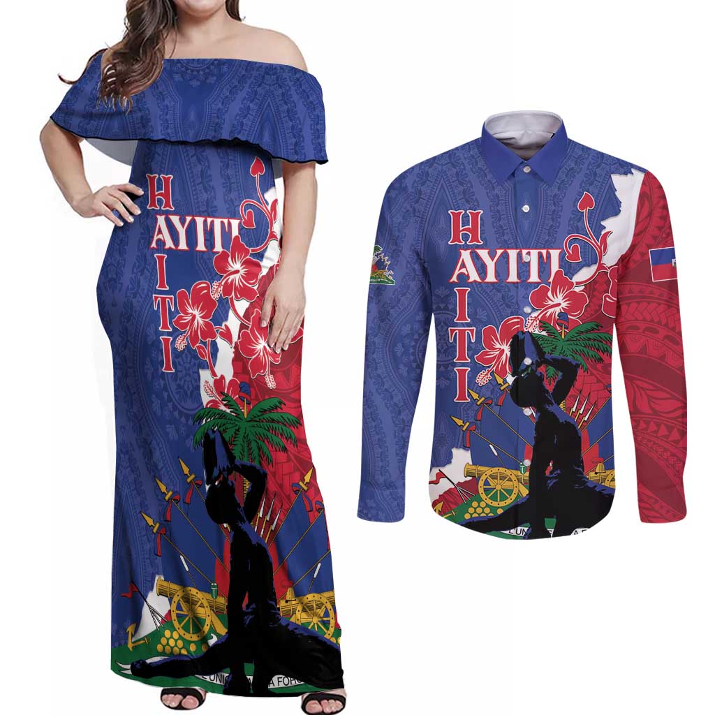 Personalised Haiti Le Marron Inconnu Couples Matching Off Shoulder Maxi Dress and Long Sleeve Button Shirt Dashiki Mix Polynesian Pattern LT01 Blue - Polynesian Pride