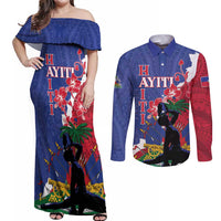 Personalised Haiti Le Marron Inconnu Couples Matching Off Shoulder Maxi Dress and Long Sleeve Button Shirt Dashiki Mix Polynesian Pattern LT01 Blue - Polynesian Pride