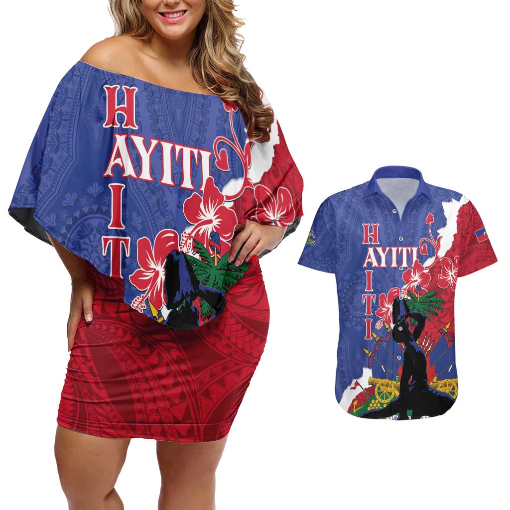 Personalised Haiti Le Marron Inconnu Couples Matching Off Shoulder Short Dress and Hawaiian Shirt Dashiki Mix Polynesian Pattern LT01 Blue - Polynesian Pride