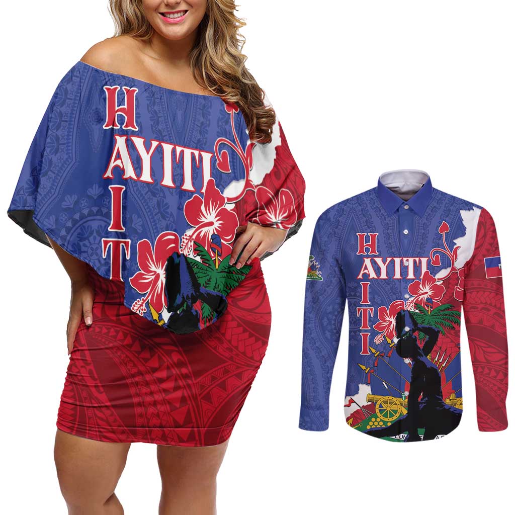 Personalised Haiti Le Marron Inconnu Couples Matching Off Shoulder Short Dress and Long Sleeve Button Shirt Dashiki Mix Polynesian Pattern LT01 Blue - Polynesian Pride