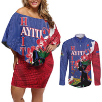 Personalised Haiti Le Marron Inconnu Couples Matching Off Shoulder Short Dress and Long Sleeve Button Shirt Dashiki Mix Polynesian Pattern LT01 Blue - Polynesian Pride