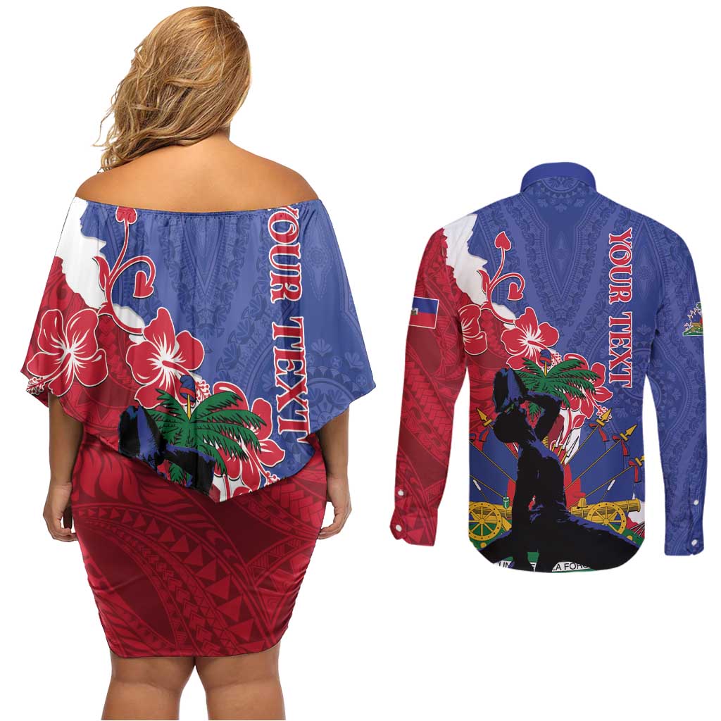 Personalised Haiti Le Marron Inconnu Couples Matching Off Shoulder Short Dress and Long Sleeve Button Shirt Dashiki Mix Polynesian Pattern LT01 - Polynesian Pride
