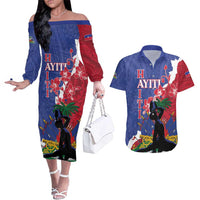 Personalised Haiti Le Marron Inconnu Couples Matching Off The Shoulder Long Sleeve Dress and Hawaiian Shirt Dashiki Mix Polynesian Pattern LT01 Blue - Polynesian Pride