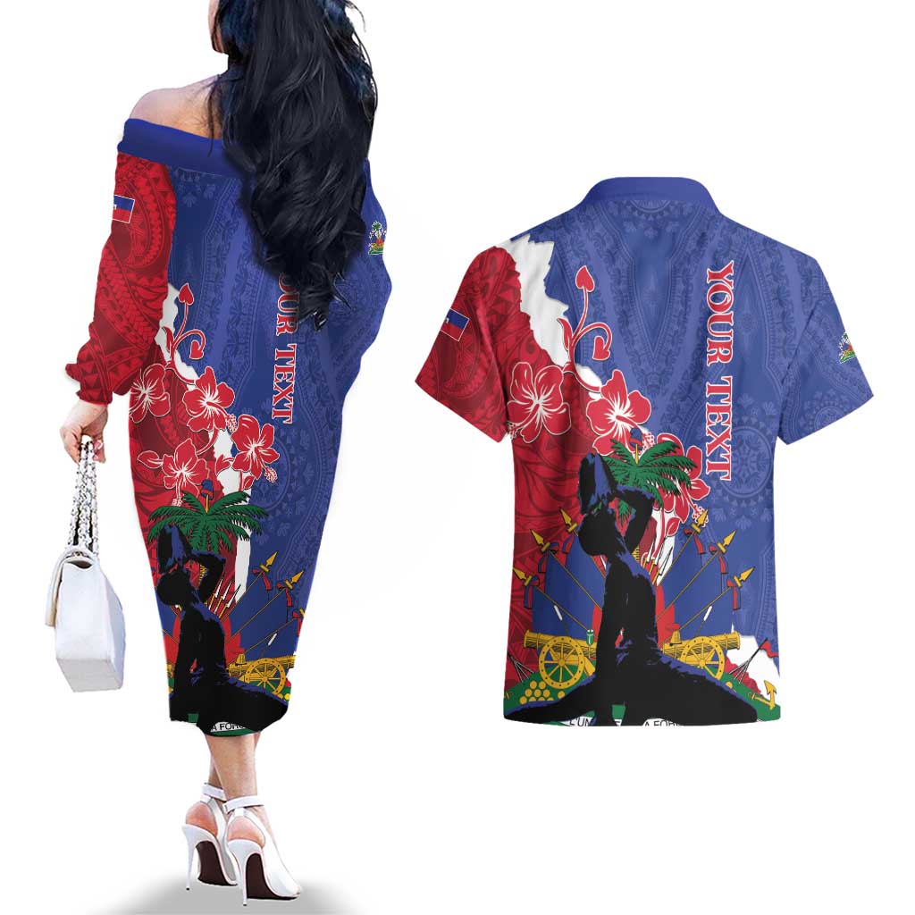 Personalised Haiti Le Marron Inconnu Couples Matching Off The Shoulder Long Sleeve Dress and Hawaiian Shirt Dashiki Mix Polynesian Pattern LT01 - Polynesian Pride