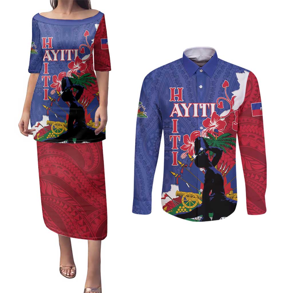 Personalised Haiti Le Marron Inconnu Couples Matching Puletasi and Long Sleeve Button Shirt Dashiki Mix Polynesian Pattern LT01 Blue - Polynesian Pride