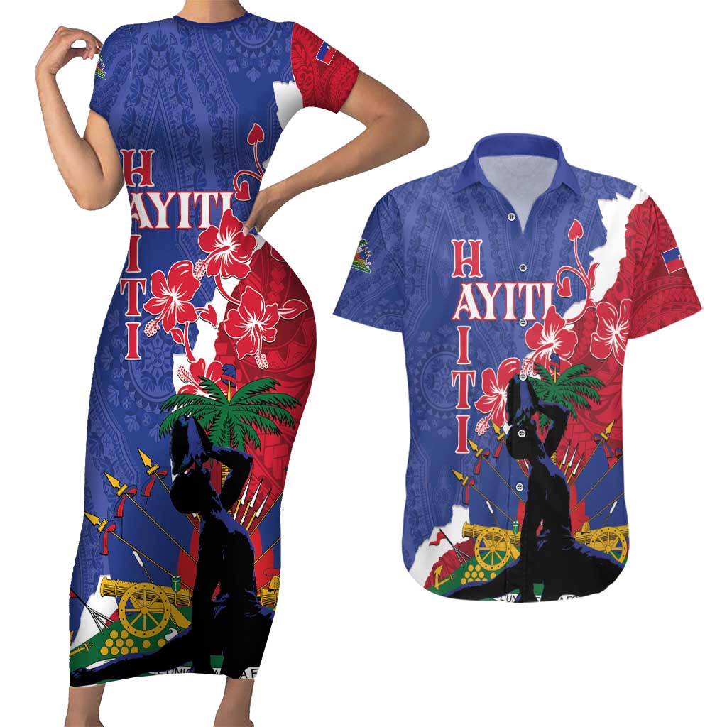 Personalised Haiti Le Marron Inconnu Couples Matching Short Sleeve Bodycon Dress and Hawaiian Shirt Dashiki Mix Polynesian Pattern LT01 Blue - Polynesian Pride