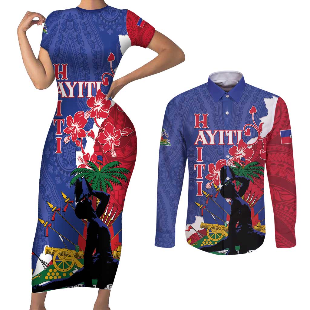 Personalised Haiti Le Marron Inconnu Couples Matching Short Sleeve Bodycon Dress and Long Sleeve Button Shirt Dashiki Mix Polynesian Pattern LT01 Blue - Polynesian Pride