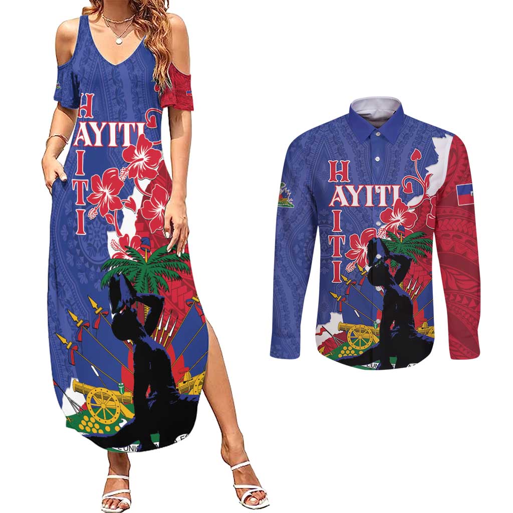 Personalised Haiti Le Marron Inconnu Couples Matching Summer Maxi Dress and Long Sleeve Button Shirt Dashiki Mix Polynesian Pattern LT01 Blue - Polynesian Pride