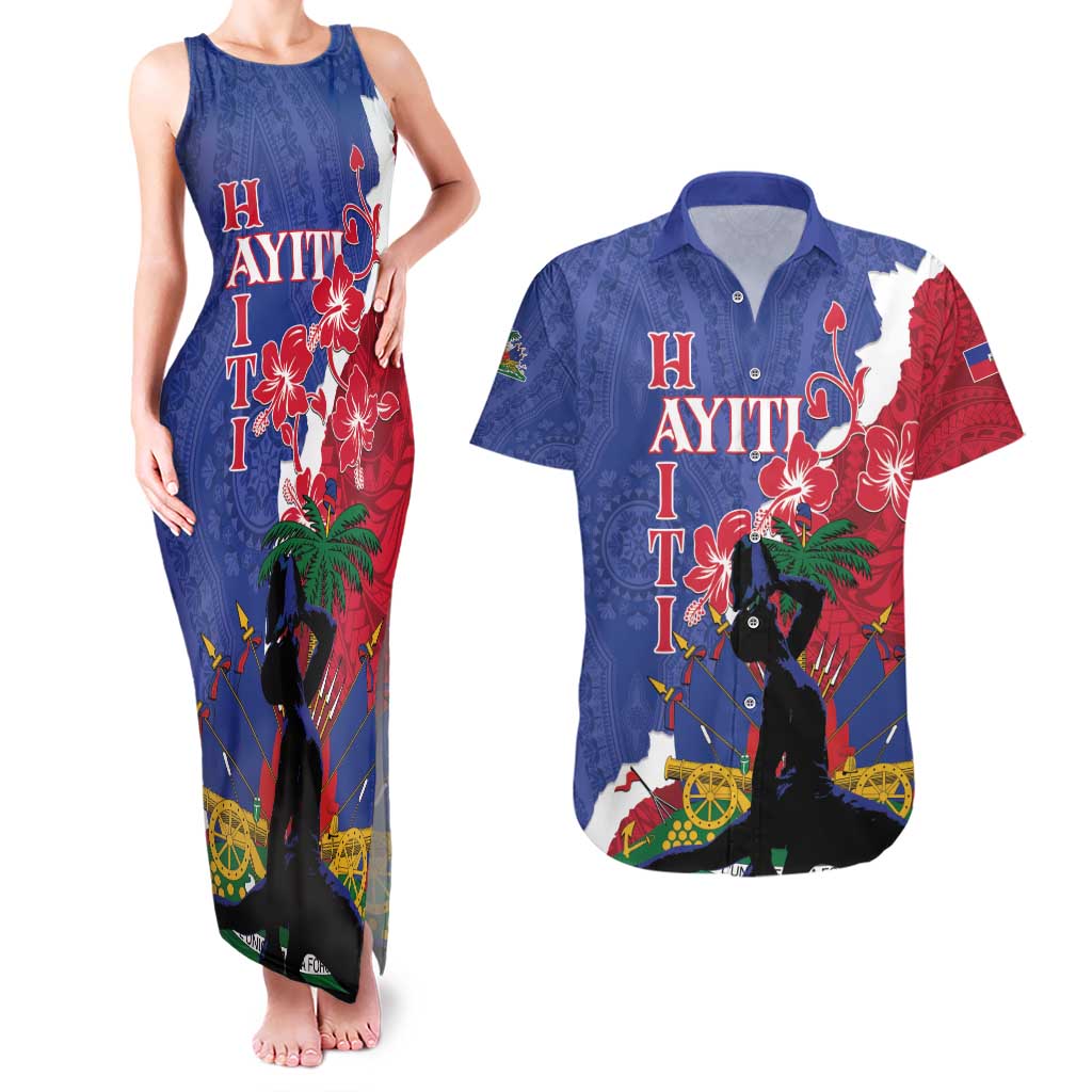 Personalised Haiti Le Marron Inconnu Couples Matching Tank Maxi Dress and Hawaiian Shirt Dashiki Mix Polynesian Pattern LT01 Blue - Polynesian Pride