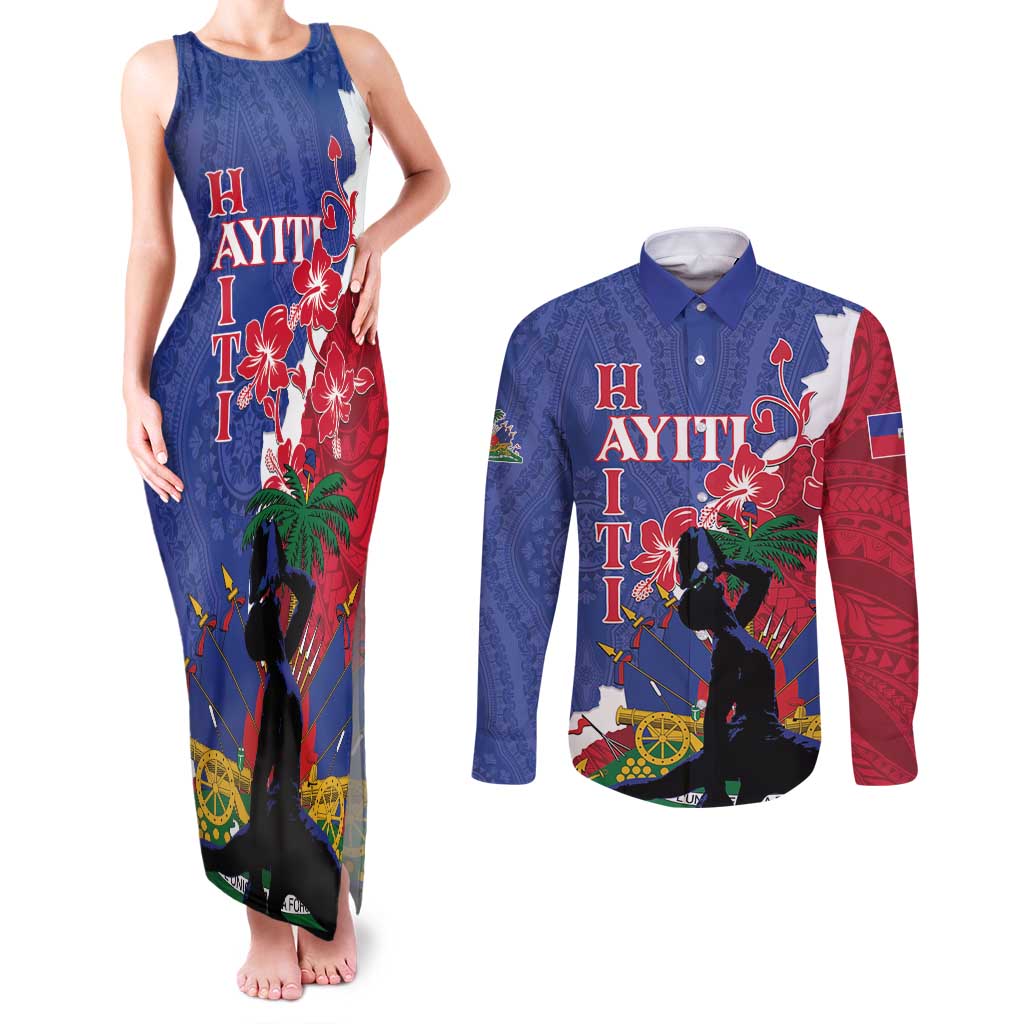 Personalised Haiti Le Marron Inconnu Couples Matching Tank Maxi Dress and Long Sleeve Button Shirt Dashiki Mix Polynesian Pattern LT01 Blue - Polynesian Pride