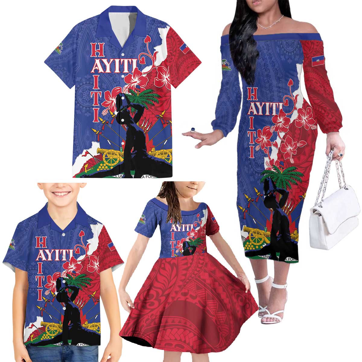 Personalised Haiti Le Marron Inconnu Family Matching Off The Shoulder Long Sleeve Dress and Hawaiian Shirt Dashiki Mix Polynesian Pattern