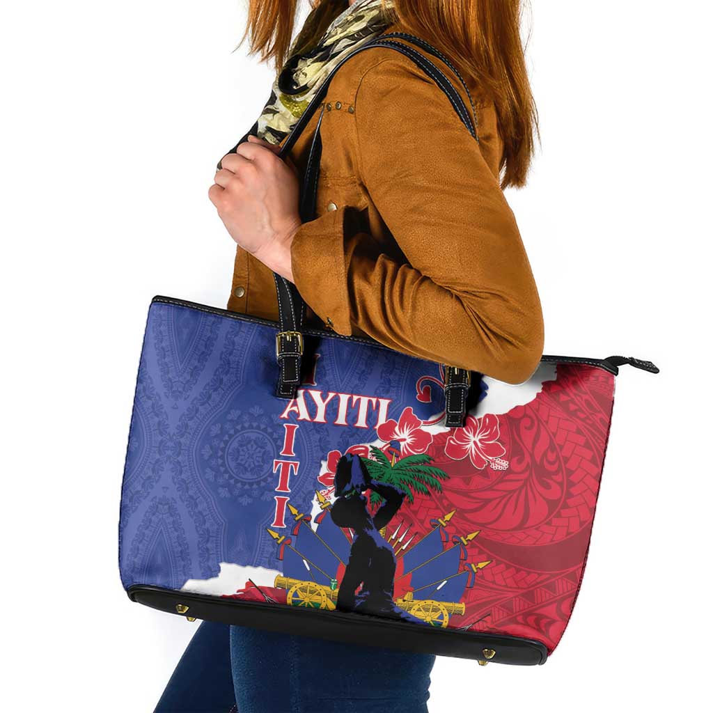 Haiti Le Marron Inconnu Leather Tote Bag Dashiki Mix Polynesian Pattern LT01 Blue - Polynesian Pride