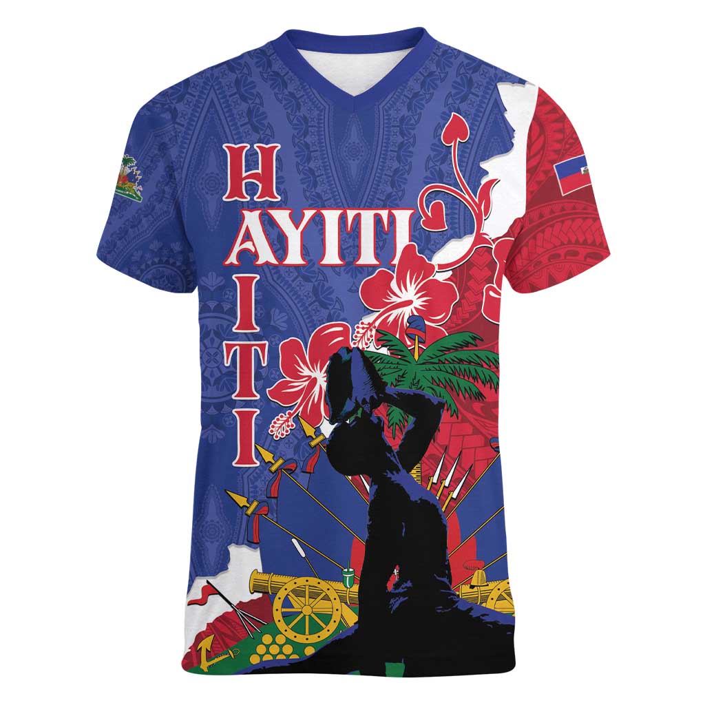Personalised Haiti Le Marron Inconnu Women V-Neck T-Shirt Dashiki Mix Polynesian Pattern LT01 Female Blue - Polynesian Pride