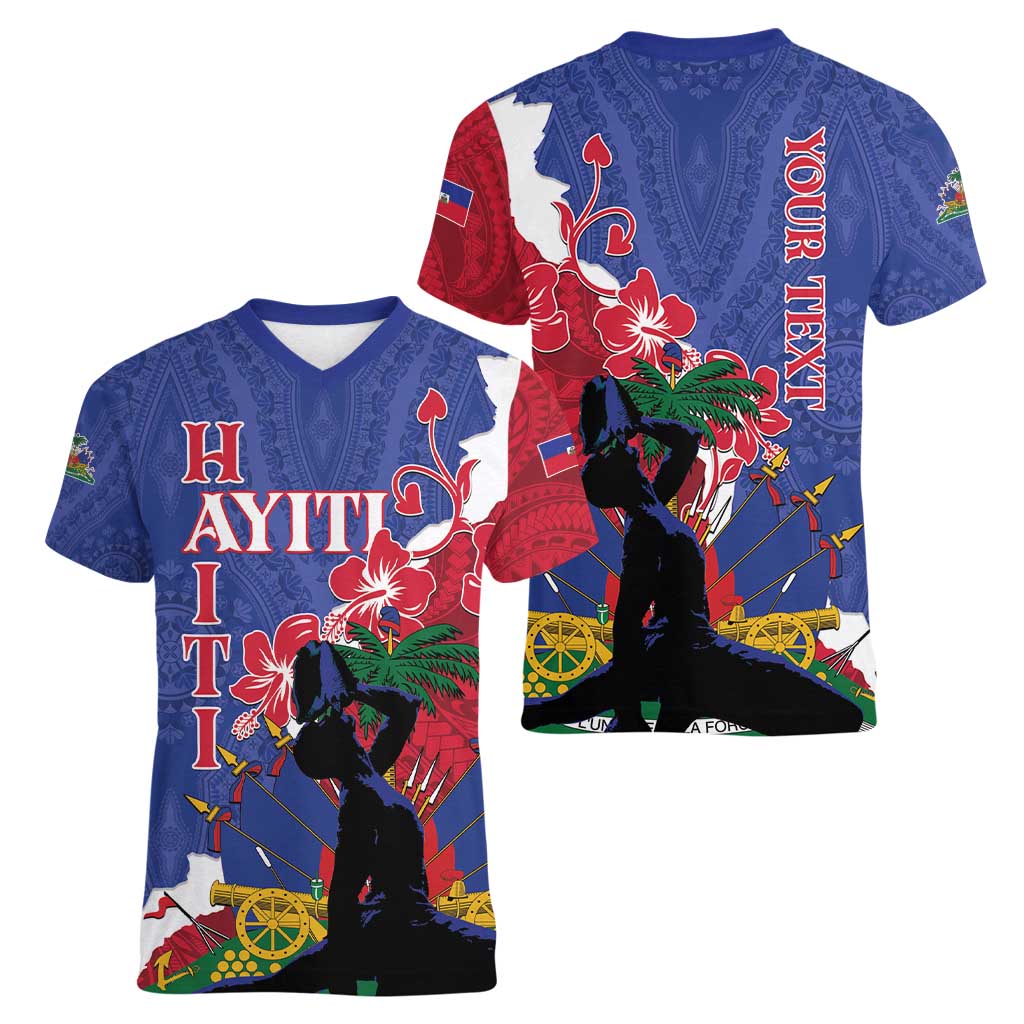 Personalised Haiti Le Marron Inconnu Women V-Neck T-Shirt Dashiki Mix Polynesian Pattern LT01 - Polynesian Pride