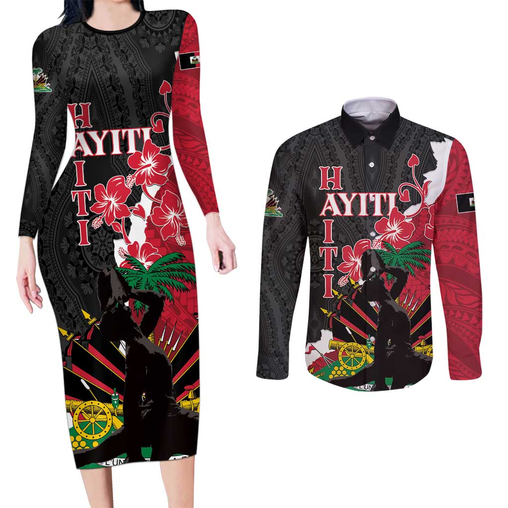 Personalised Ayiti Neg Marron Couples Matching Long Sleeve Bodycon Dress and Long Sleeve Button Shirt Dashiki Mix Polynesian Pattern LT01 Black - Polynesian Pride