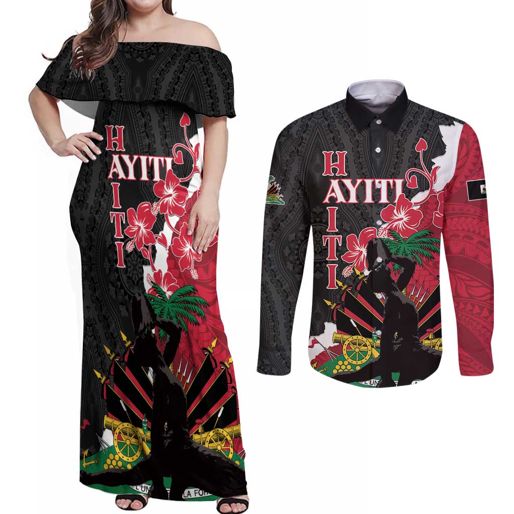 Personalised Ayiti Neg Marron Couples Matching Off Shoulder Maxi Dress and Long Sleeve Button Shirt Dashiki Mix Polynesian Pattern LT01 Black - Polynesian Pride