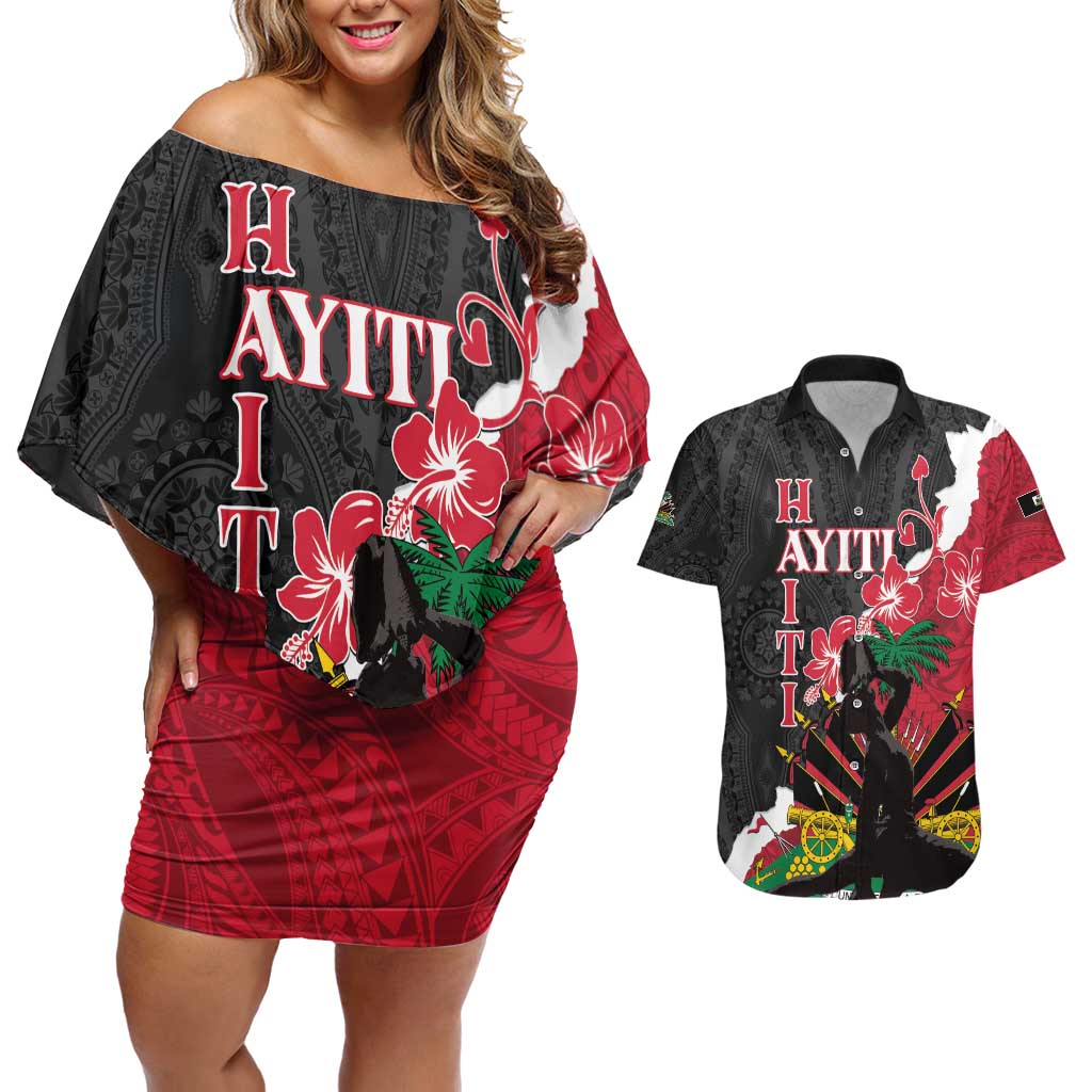 Personalised Ayiti Neg Marron Couples Matching Off Shoulder Short Dress and Hawaiian Shirt Dashiki Mix Polynesian Pattern LT01 Black - Polynesian Pride