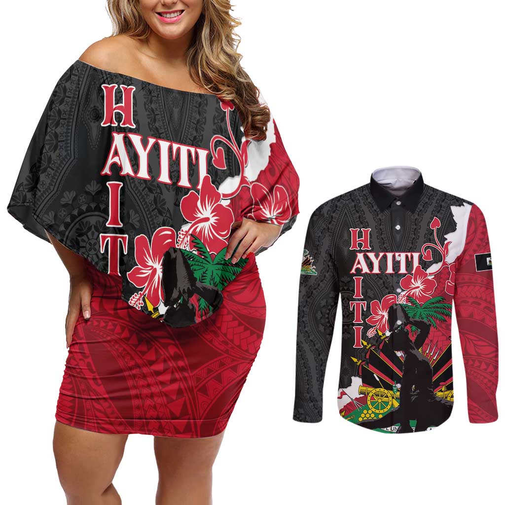 Personalised Ayiti Neg Marron Couples Matching Off Shoulder Short Dress and Long Sleeve Button Shirt Dashiki Mix Polynesian Pattern LT01 Black - Polynesian Pride