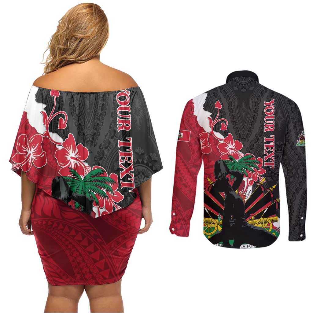 Personalised Ayiti Neg Marron Couples Matching Off Shoulder Short Dress and Long Sleeve Button Shirt Dashiki Mix Polynesian Pattern LT01 - Polynesian Pride