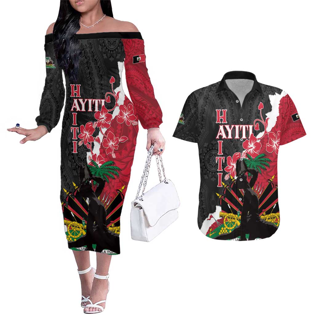 Personalised Ayiti Neg Marron Couples Matching Off The Shoulder Long Sleeve Dress and Hawaiian Shirt Dashiki Mix Polynesian Pattern LT01 Black - Polynesian Pride