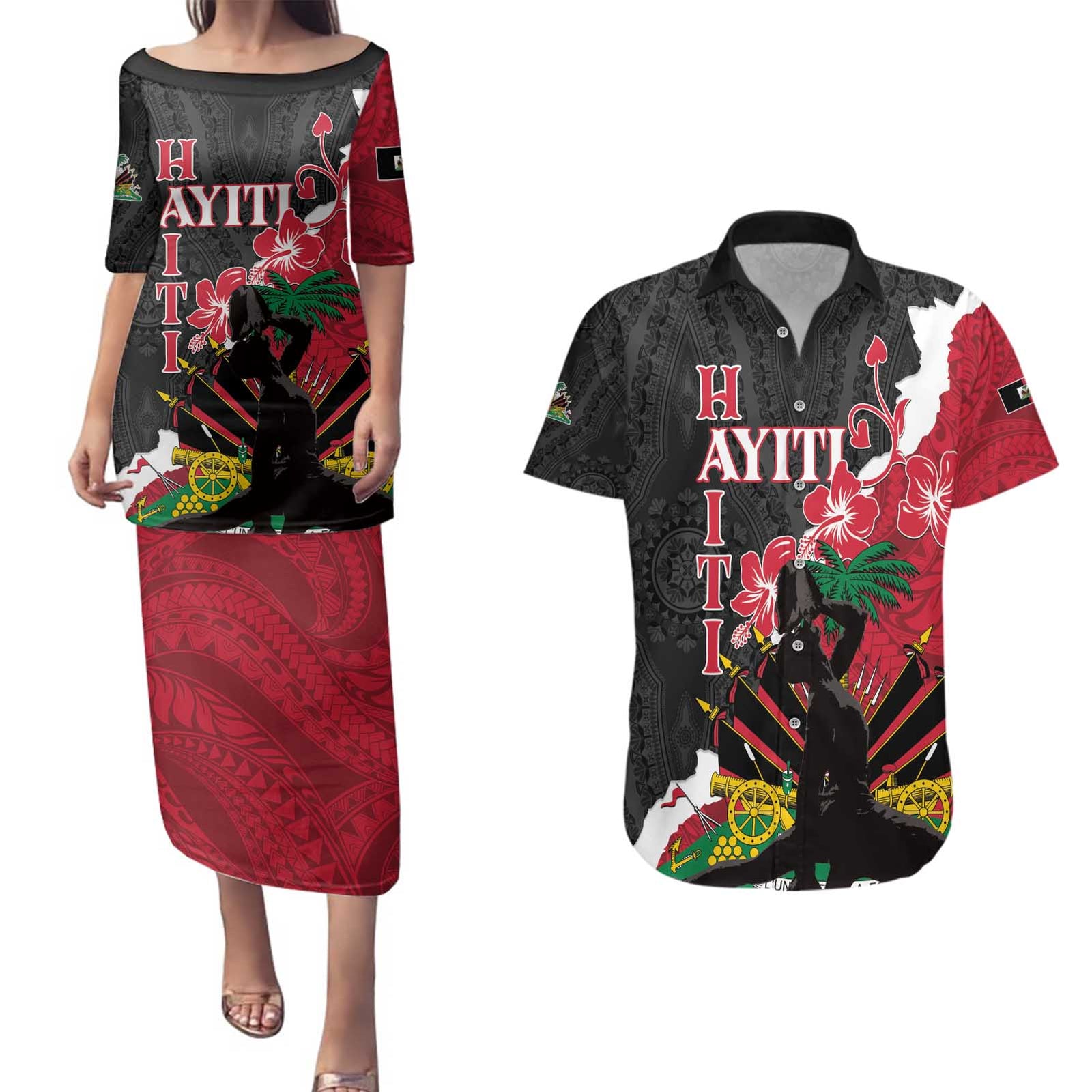 Personalised Ayiti Neg Marron Couples Matching Puletasi and Hawaiian Shirt Dashiki Mix Polynesian Pattern LT01 Black - Polynesian Pride