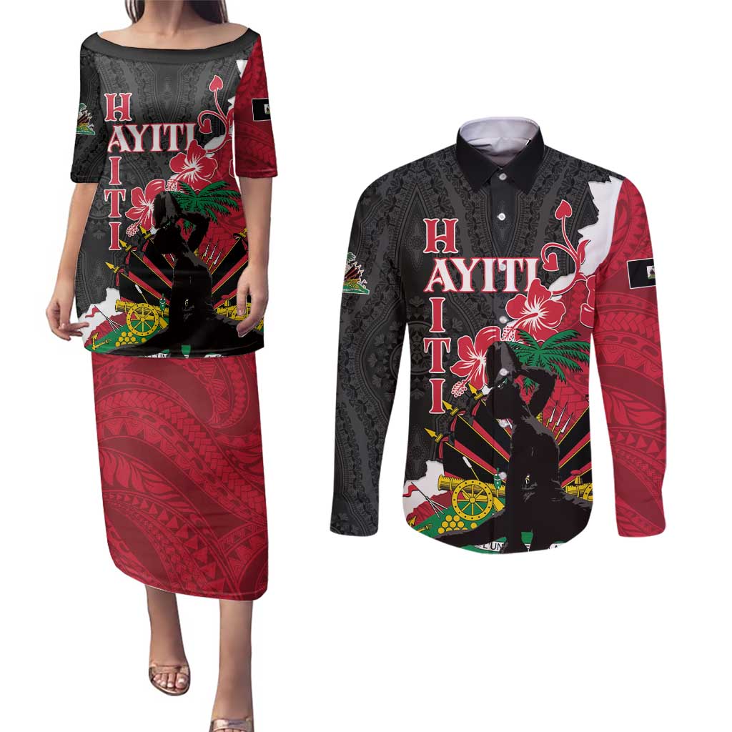 Personalised Ayiti Neg Marron Couples Matching Puletasi and Long Sleeve Button Shirt Dashiki Mix Polynesian Pattern LT01 Black - Polynesian Pride